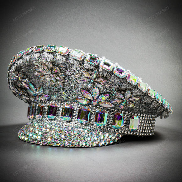 Steampunk Burning Man Rhinestones Captain Hat - Silver - Picture 1 of 8